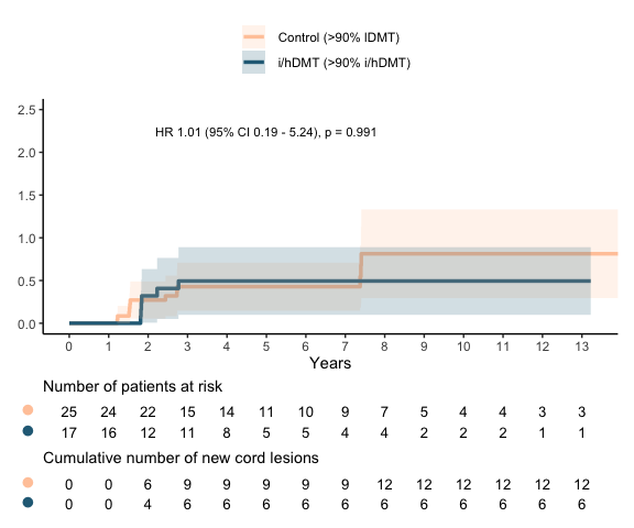 Cumulative hazard of new spinal cord lesions. A new spinal cord lesion is considered an event. A single patient can have multiple events. Secondary analysis, with patients >90% lDMT usage during follow-up as control group. Follow-up until 13 years is shown, in the control group there were 5 patients with longer follow-up