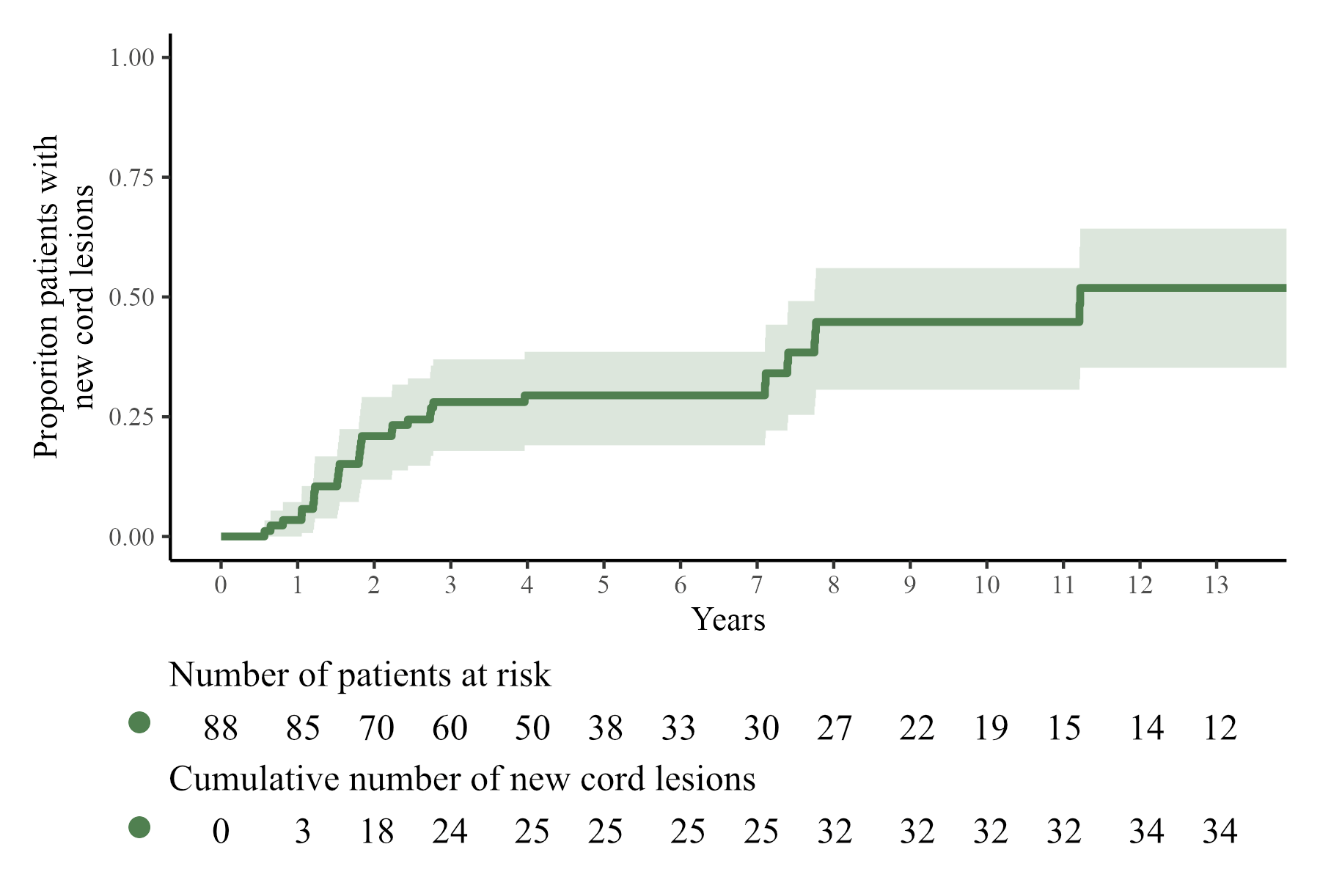 Figure 1 - New spinal cord lesions in patients receiving DMT (>90% of follow-up duration low-efficacy DMT or >90% of duration high-efficacy DMT) from a retrospective cohort (Zuyderland MC) of patients that underwent >1 SC-MRI during follow-up. Adapted from Kreiter et al [294].